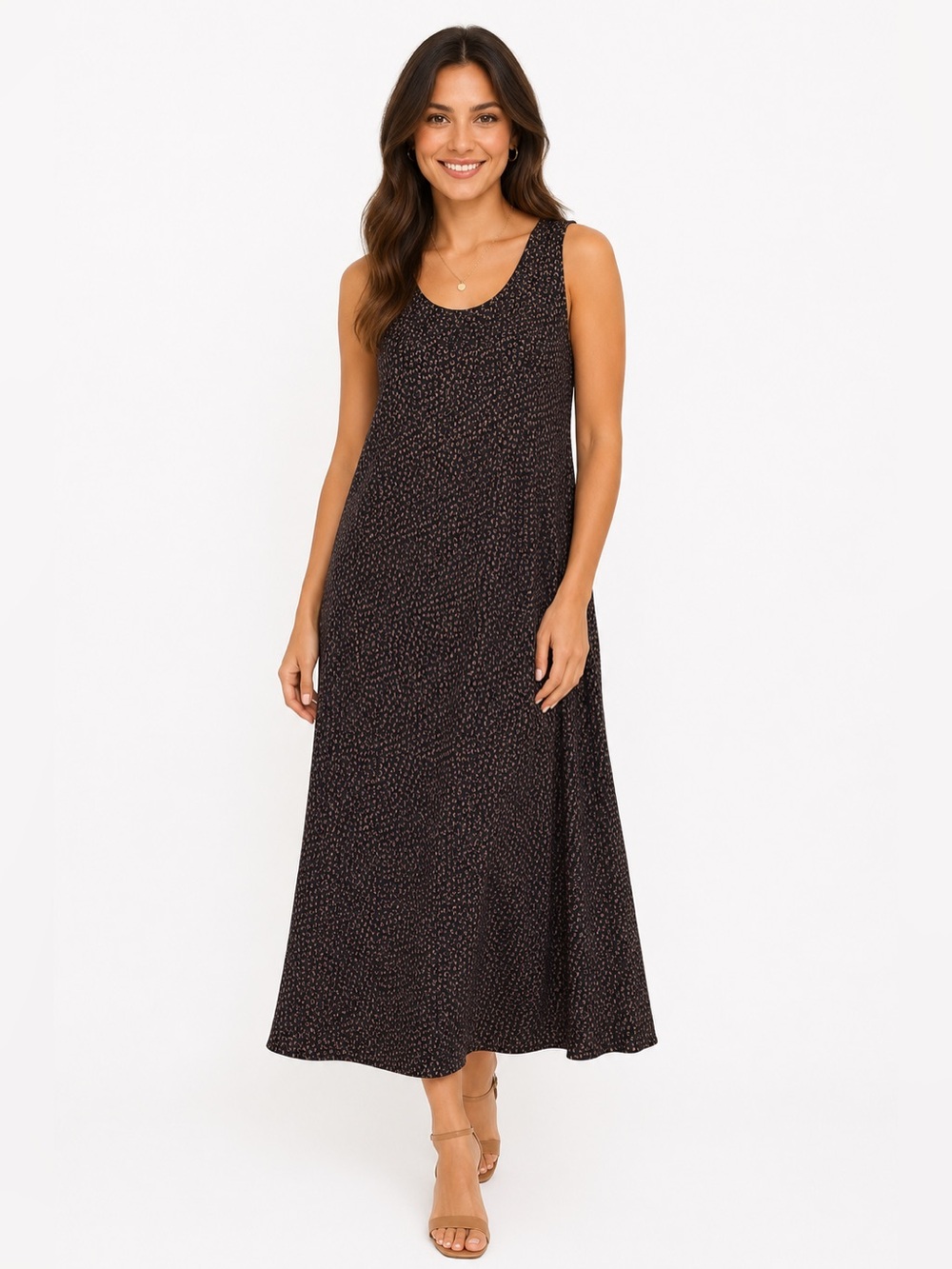 Vince Silk Blend Sleeveless Maxi Dress XL Brown Black Animal Print Flowy